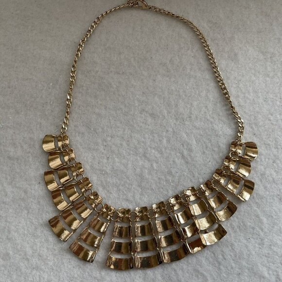 Gold Tone Bib Bold Statement Necklace Graduated Funky Chunky Adjustable 19" - Picture 4 of 11